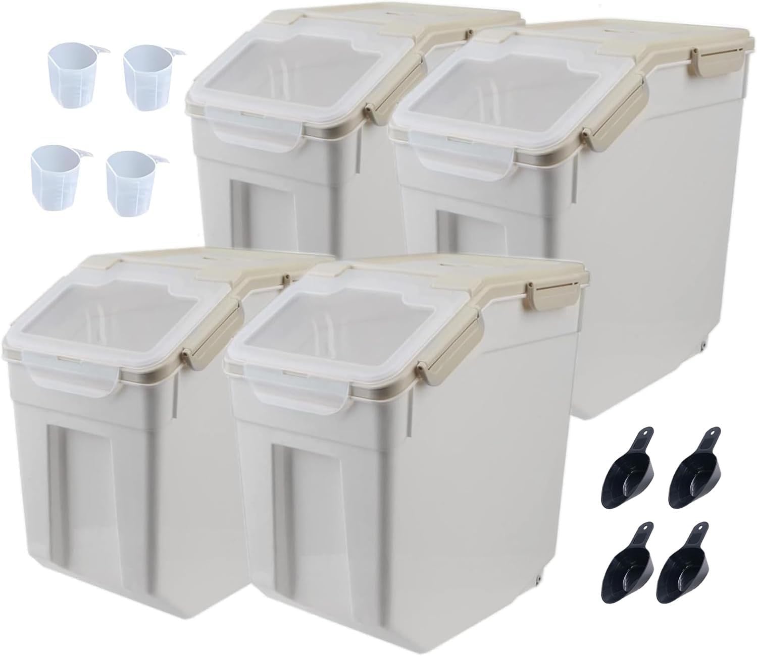YXQ 25LB Large Flour Storage Container Bin,4 Pack Airtight Plastic with Wheels Seal Locking Lid Dispenser Organizer Storage Bin with Measuring Cup & Scoop for Flour, Rice, Grain 100LBS Total?Grey Grey/30lbs,4counts