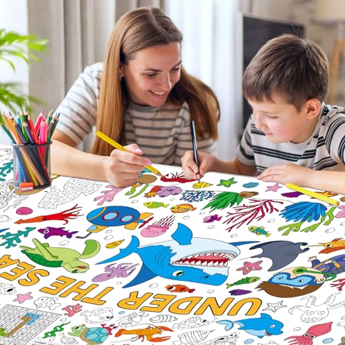 Image of Under The Sea Large Coloring Poster for Kids 30 x 72 Inch, Ocean Animals Giant Coloring Paper Tablecloth, Sea Themed Color-in Activities Games for Kids School Classroom Home Party Supplies Decorations