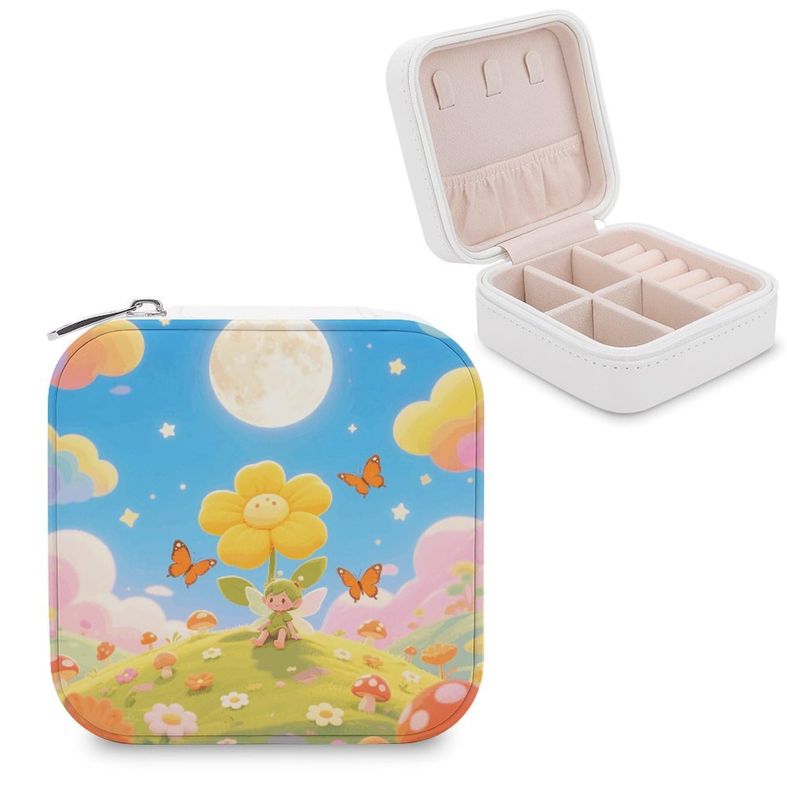 VstaDank Orange Butterfly Moon Flower Jewelry Box for Women Jewelry Organizer Storage Case with Zipper Mini Travel Jewelry Case Cute Trinket Organizer Leather Portable Jewelry Storage Box