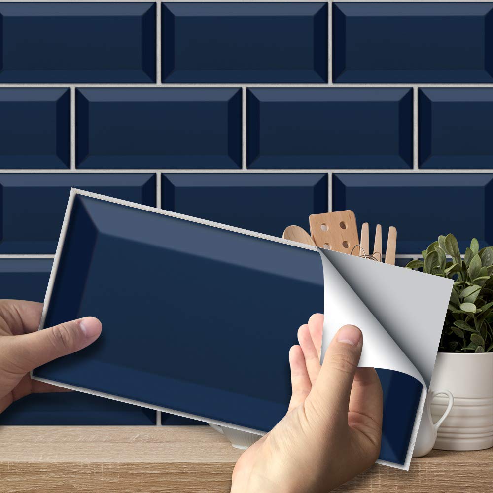 Funlife Navy Blue 27Pcs Blue Tile Stickers Peel And Stick Self-Adhesive Vinyl Splashback Kitchen Decor 20X10cm