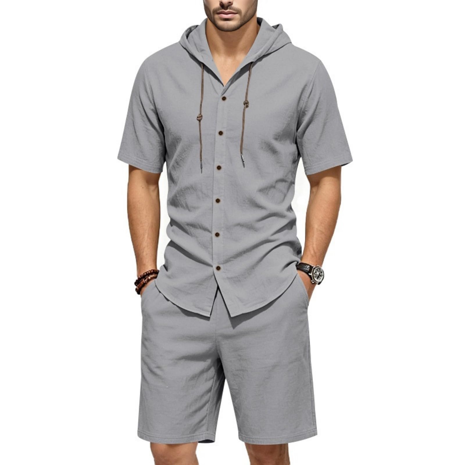 Tuta Uomo Completo Estiva Lino Morbido Completi Sportivi Traspiranti Larghi Camicia a Maniche E Pantaloncini Estiva Completo Vacanza Spiaggia Set Due Pezzi Eleganti Elastico Tuta Da Ginnastica