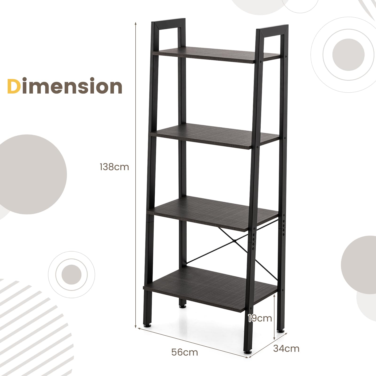 Libreria a Scala 4 Ripiani, 56 x 34 x 138 cm, Scaffale Libreria Stile Industriale con Telaio Metallico e Dispositivi Antiribaltamento(Rovere Grigio) | Leroy Merlin