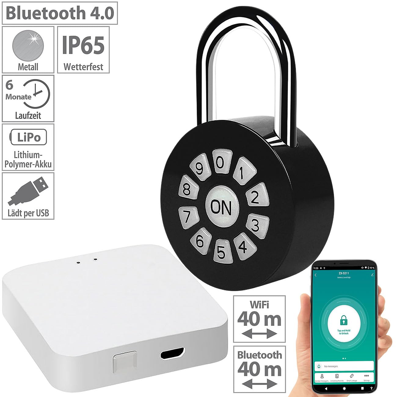 Cadenas en métal avec passerelle WLAN, App, Bluetooth, IP65 [Xcase]