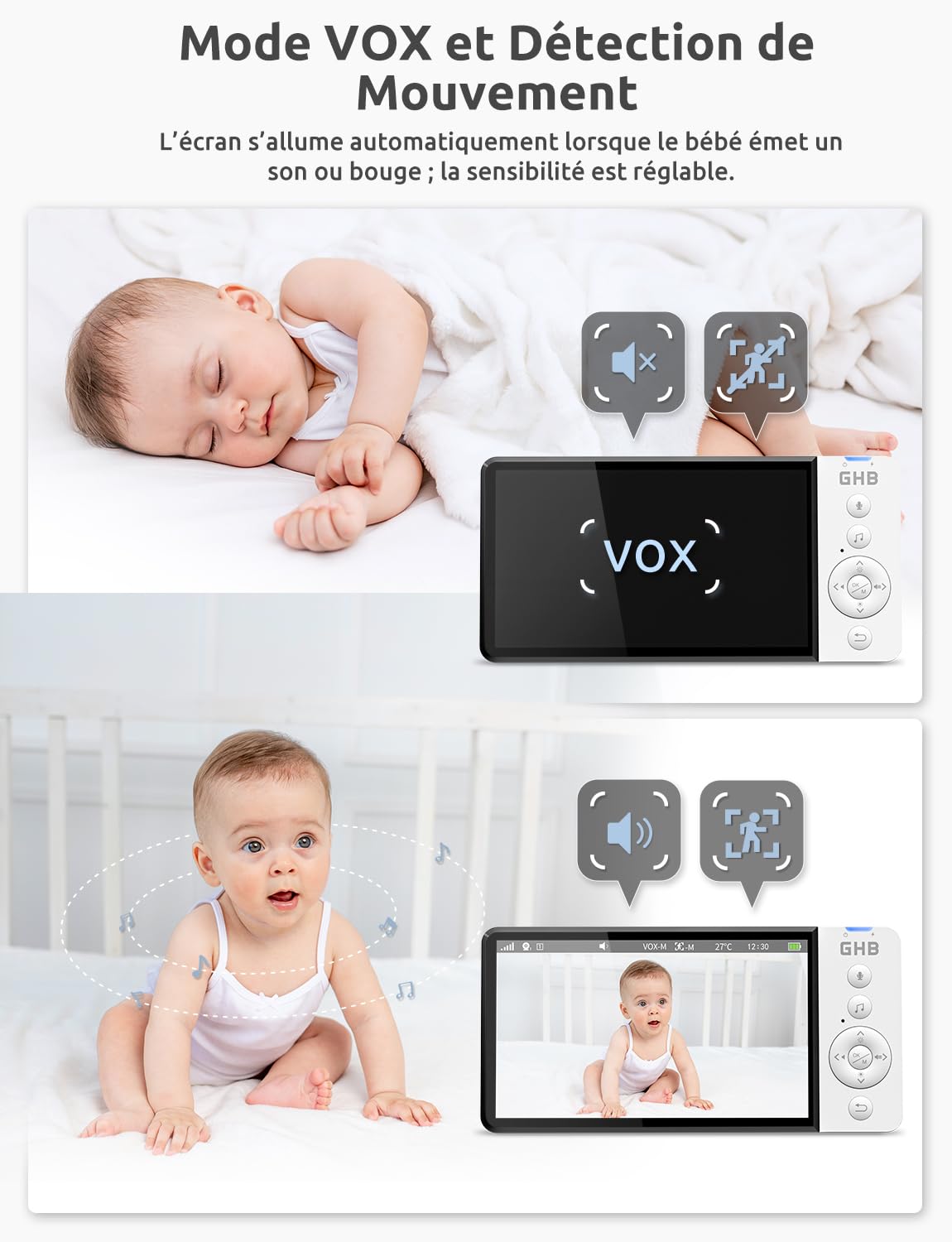 GHB Babyphone Camera 5" Baby Phone avec Camera Bebe Surveillance Détection de Mouvement 2,4 GHz Babyphones sans WiFi VOX Mode Capteur de Température Vision Nocturne 8 Berceuses