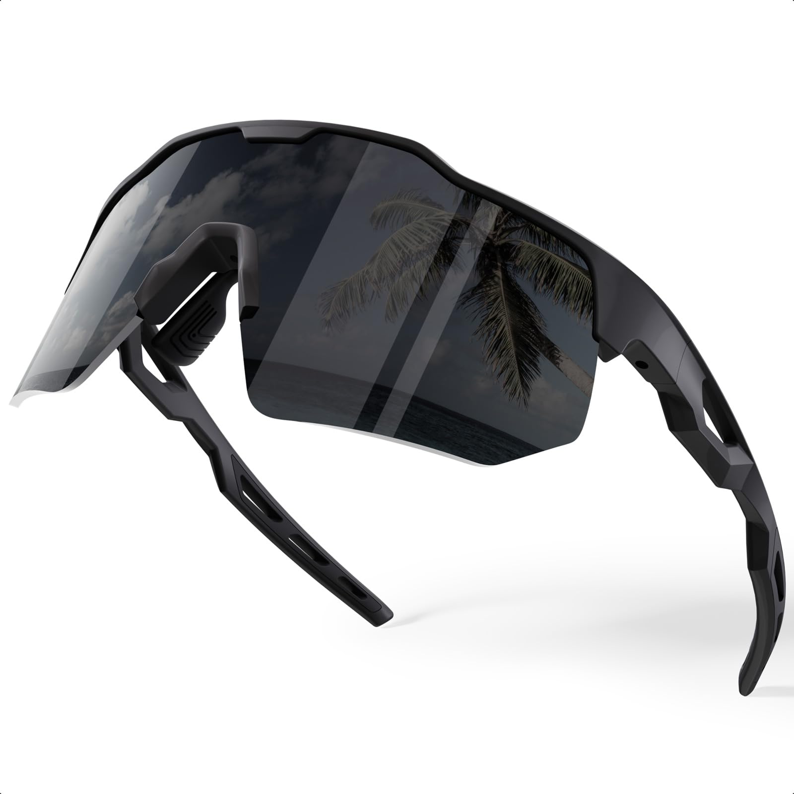 HAAYOT Occhiali da sole sportivi polarizzati per uomo e donna, protezione UV, baseball, ciclismo, corsa, guida, pesca, colore nero e grigio