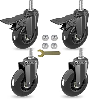 3" Swivel Stem Caster Wheels Set of 4 (2 Castors with Brake,2 no) with Heavy Duty Threaded Stem 5/16"-18,360 Degree Range,Safety Dual Locking Industrial PU Wheel,Load Capacity 150lbs Per Caster