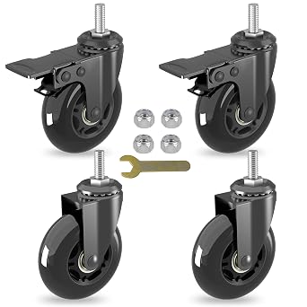 3" Swivel Stem Caster wheels Set of 4 2 Castors with Brake,2 no with Heavy Duty Threaded Stem 5/16"-18 ,360 Degree Range,Safety Dual Locking Industrial PU wheel,Load Capacity 150lbs Per Caster