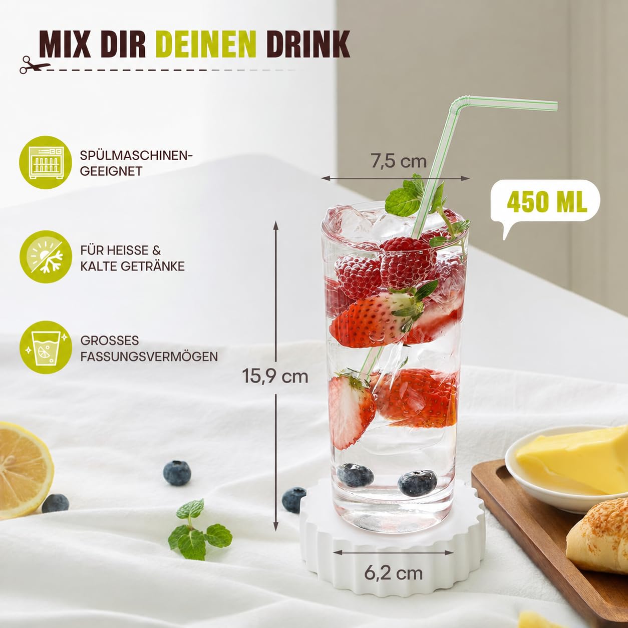 Highball - Juego de 12 vasos altos de 16 onzas, vasos de agua para cocina, vasos Tom Collins, vasos de vidrio para mojito, vasos de cóctel para cristalería de bar