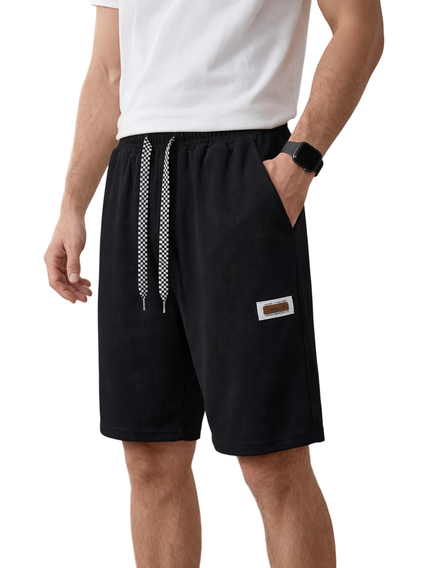 Men's Ribbed Knit Lounge Shorts with Cooling Fabric |4-Way Stretch for Sleep, Commute,Jogging & Casual | Elastic Waist with Drawstring I Lightweight & Breathable-image-2