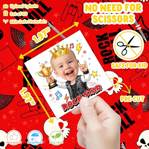 Image of Custom Rock Temporary Tattoos for Kids, Set of 20 | Personalized Pre-Cut Face Photo, Birthday Party Favors, For Boys Girls, Rock Fans