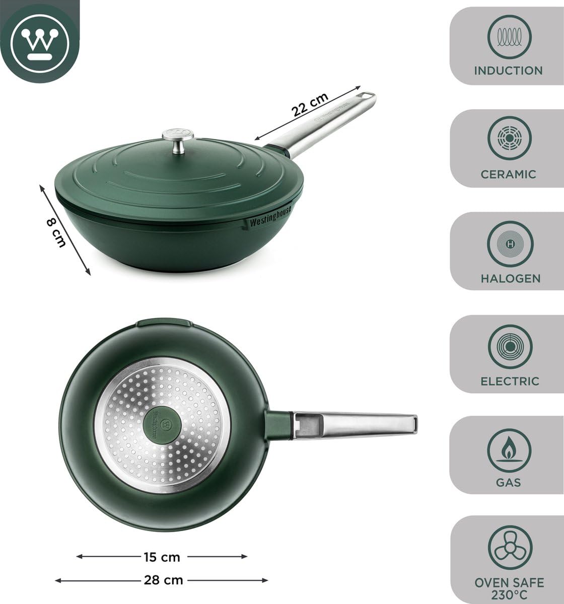Westinghouse PERFORMANCE SERIES Wok Pfanne mit Deckel, Beschichtete Pfanne 28 cm mit Edelstahl-Griff, Bratpfanne Induktion, Für jeden Herd, Non Stick Pan, Ofenfest & Spülmaschinenfest, Grün