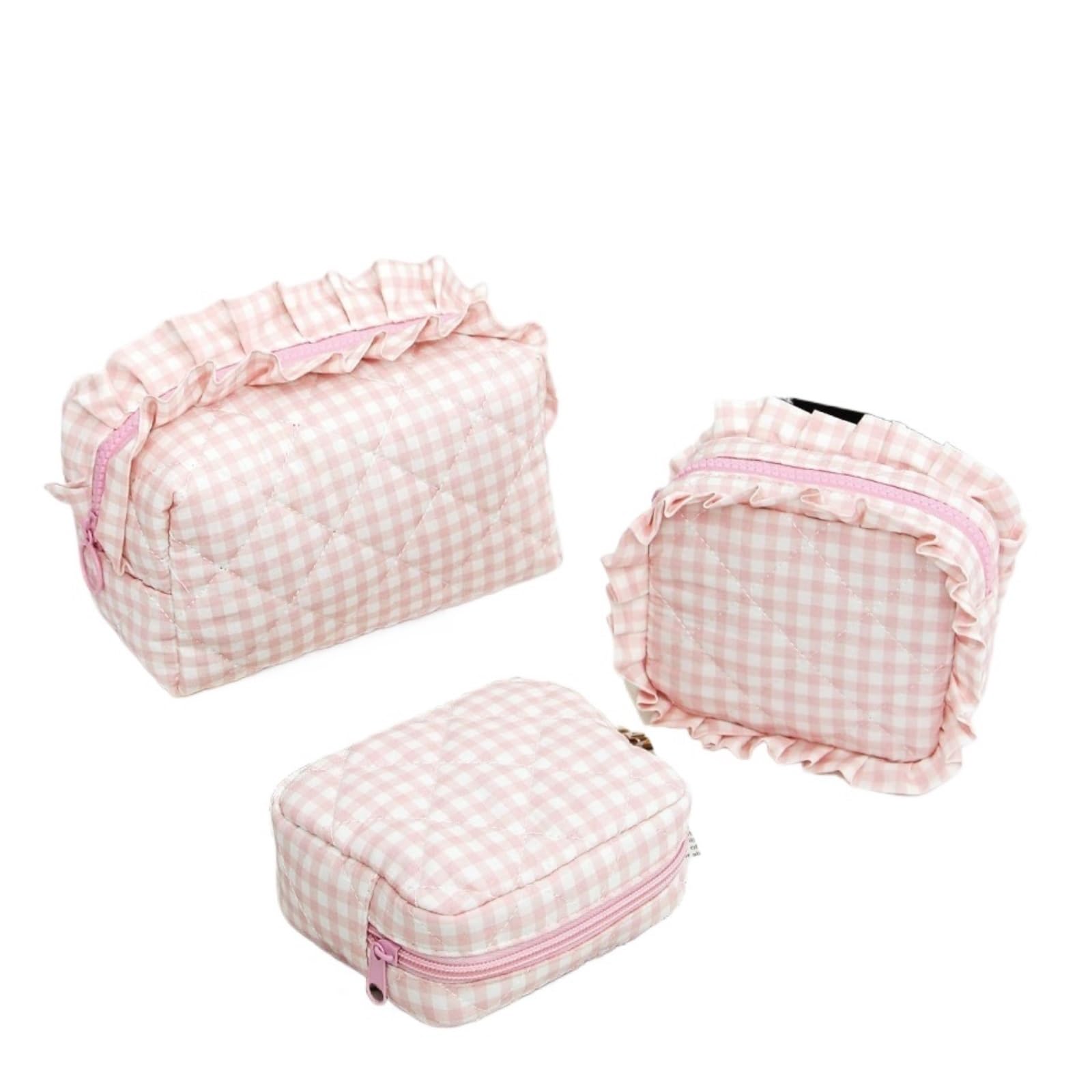 porta trucchi Set di 3 borse for il trucco con stampa e volant, borsa da viaggio portatile con cerniera, organizer for regali da viaggio beauty case(Roze)