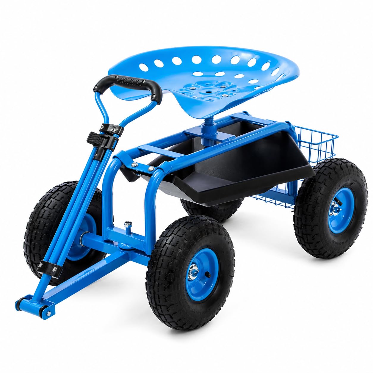 KATSU Tools Carrito de jardín rodante con mango de dirección extensible, bandeja de herramientas de utilidad, asiento de trabajo giratorio de 360° y altura ajustable, carrito de taburete de taller