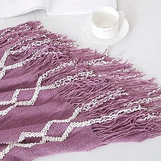 BOURINA Fluffy Chenille Knitted Fringe Throw Blanket, Lightweight Soft Cozy for Bed Sofa Chair,Purple,127x152cm