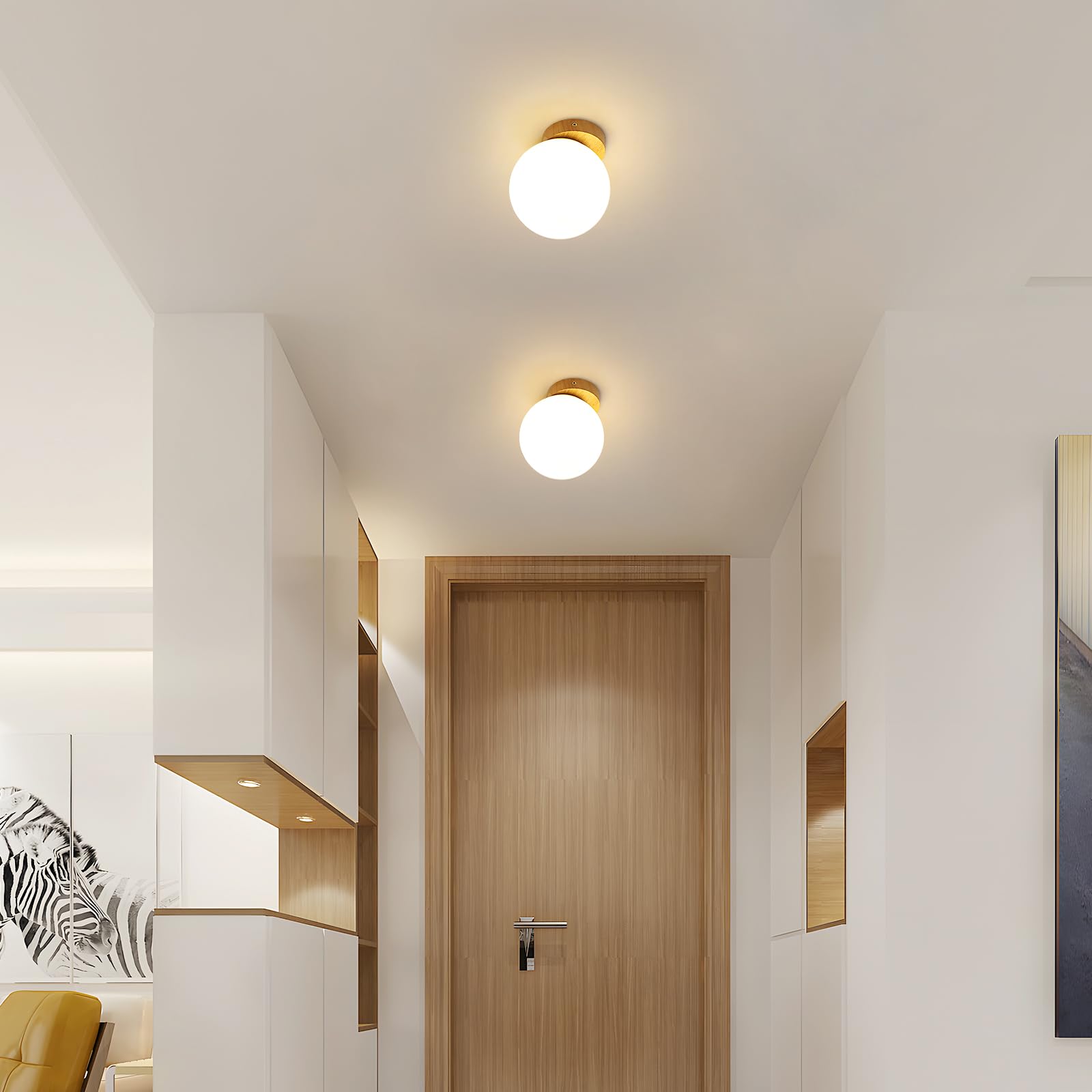Wandleuchte Innen Holz, Vintage Wandlampe Treppenhaus E27, Runden Moderne Wandleuchte, Weiß Lampenschirm aus Glas Wandbeleuchtung für Wohnzimmer Schlafzimmer Flur, Nicht Leuchtmittel