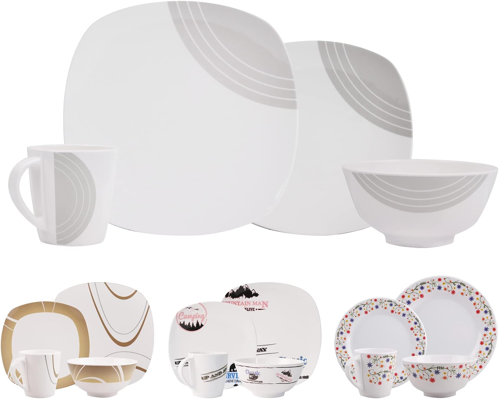 Hekers Melamine Crockery (selectable design, colour and number of settings - 1-2, 4-6), Dinner Tableware Set, Camping, Outdoor, Garden, Dinner and Picnic set, Melamine, Design circel cream square, Anzahl 4 Pers / 16-teilig