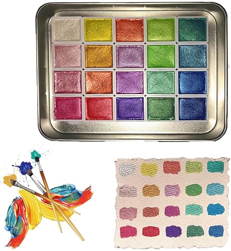 Juego de pintura de acuarela de 20 colores, juego de pintura de acuarela metálica, caja de pintura sólida de acuarela con purpurina, juego de