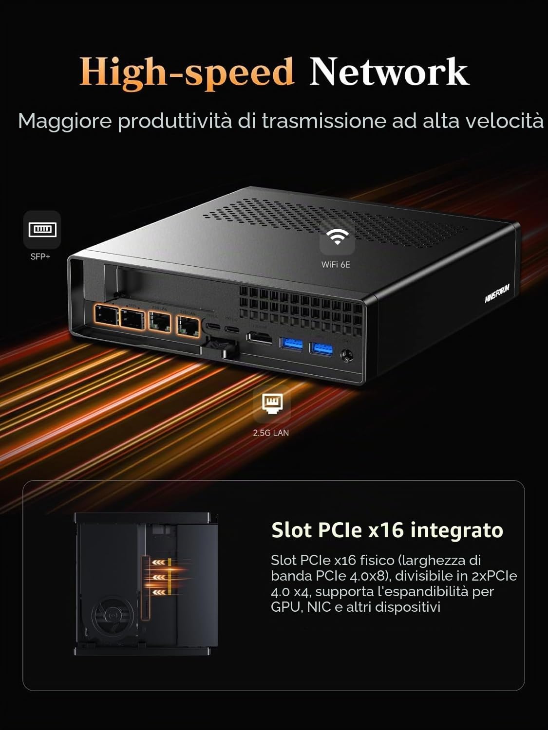 MINISFORUM Mini PC MS-A2, processore AMD Ryzen 9 8945HX a 16 core/32 thread fino a 5,4 GHz, Barebone senza DDR5 RAM(Max 96 GB)/SSD/OS, HDMI/USB-C x 2, 2,5G RJ45 x 2/10G SFP+ x 2, Wi-Fi 6E, BT5.2