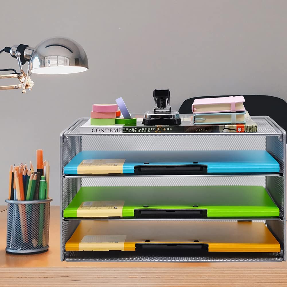 COSYAWN Paper Letter Tray Organizer, 3 Tier Mesh File Tray Desktop Paper Sorter, Silver : Office Products