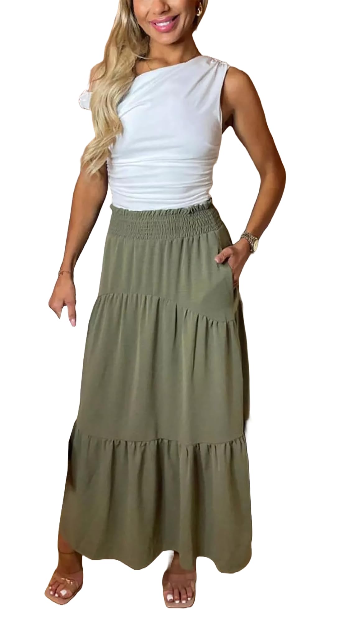 Fairy Boutique Women's Khaki Plain Flared A Line Pleated Maxi Skirt High Waist Sheering Long Skirt With Pocket ( Uk 18)