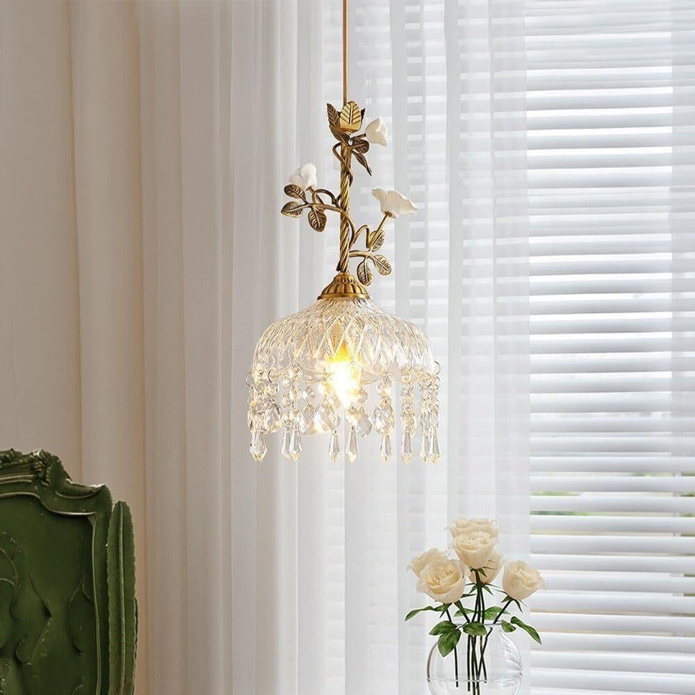 Lampada a sospensione paralume vetro stile campestre francese floreale