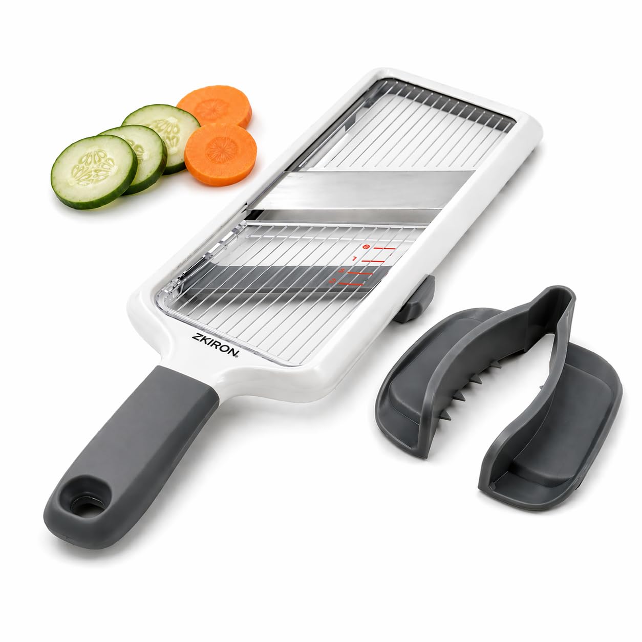 ZKIRON Mandolina portatile per cucina, regolabile, 3 spessori (1 mm-3 mm), affettatrice per verdure con protezione di sicurezza per le mani, patate, cipolle, pomodori e cetrioli, per insalata, facile