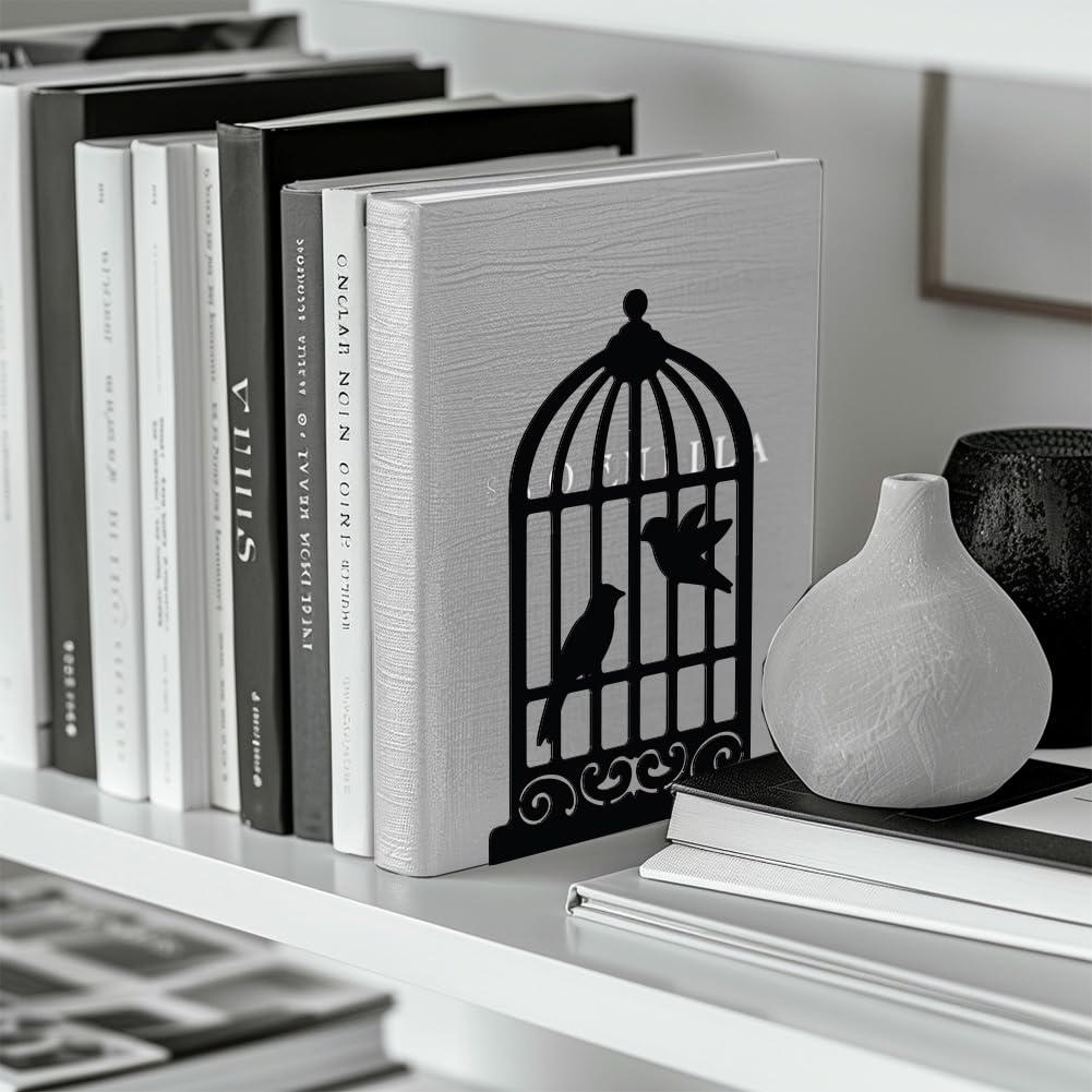 Peacoblue Metal Book Ends Stopper Holder Stand for Shelves Decorative 13.46x10.9x20cm Modern Creative Heavy Duty Study Bookends Stoppers Holder Stand for Desk Shelf 1 Pair (Birdcage and Bird) - Image 4