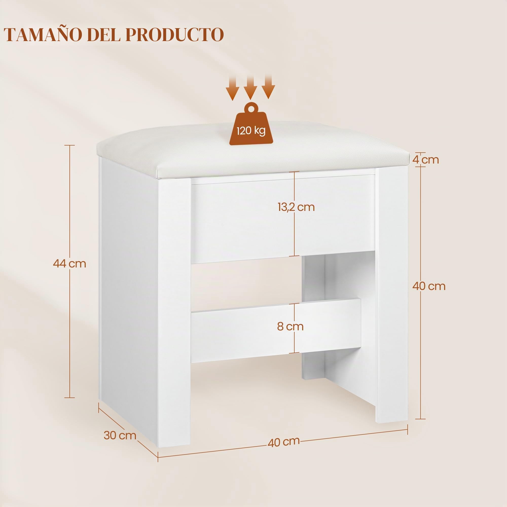 HEXCELEN Taburete de Tocador Tapizado con Almohadilla Antideslizante Blanco 30 x 40 x 44 cm