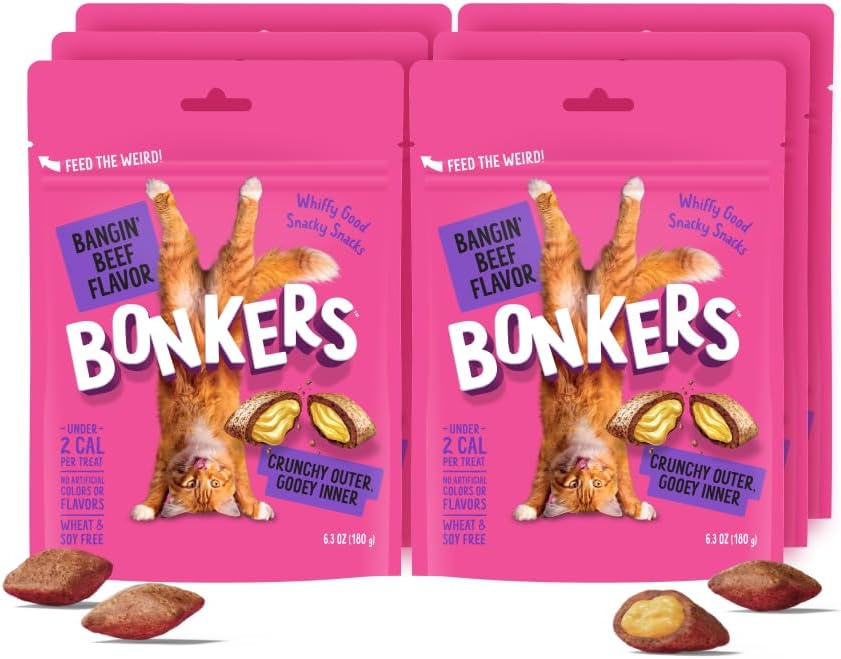 Bonkers Cat Bites, Crunchy & Soft Bangin' Beef Flavor Treats, Low Calorie, Training or Food Topper, 6.3 oz / 180g Resealable Bag for All Breeds and Ages, Value Pack (6 Pack)