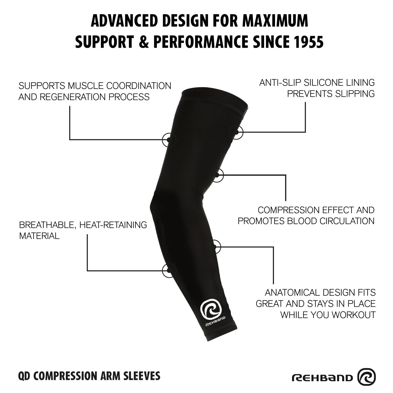 Rehband QD Arm Sleeve, Manicotto per Braccio, Benda compressiva per Basket, Pallamano e Fitness, Protezione del Braccio