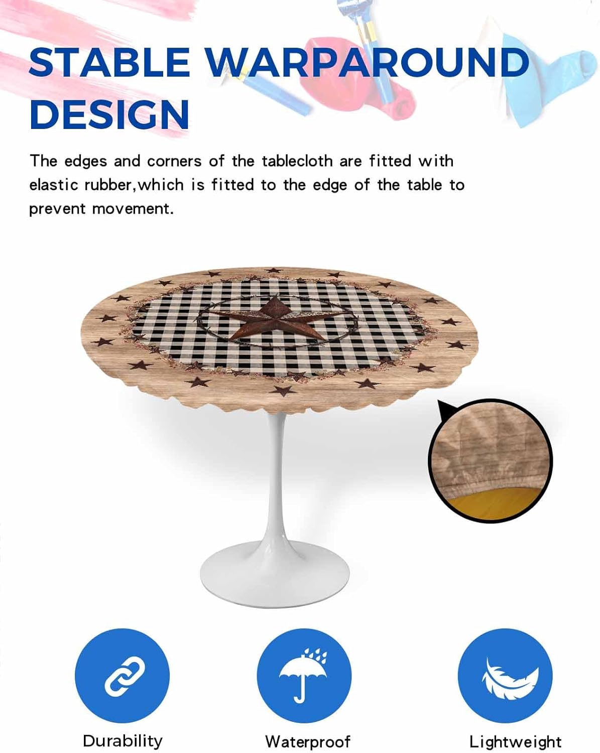4th of July Round Fitted Tablecloth with Elastic American Barn Star Tablecloths Rustic Wood Grain Plaid Independence Day Table Cover for Kitchen Dinner Holiday Party Fits Tables up to 36"- 44"