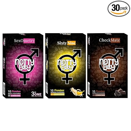 NOTTY BOY Sweet Chocolate Flavoured, Ultra Thin Banana Flavour And 3IN1 (Ribbed Dotted Contour) Condoms For Men And Women ? 30 Count