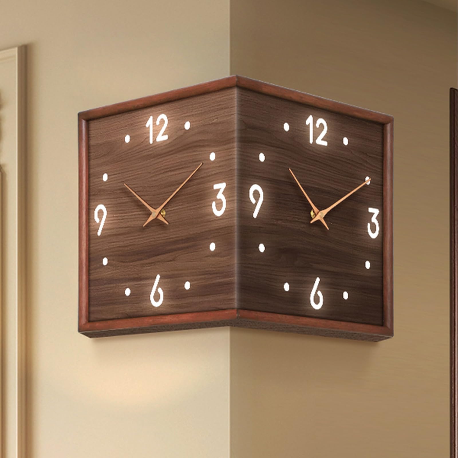 Wanduhr, doppelseitig, geräuschlos, nicht tickend, Holzdesign mit hohlen Ziffern, einfach zu installieren, stilvoller dekorativer Akzent für Wohnzimmer, Schlafzimmer, Büro oder Schule