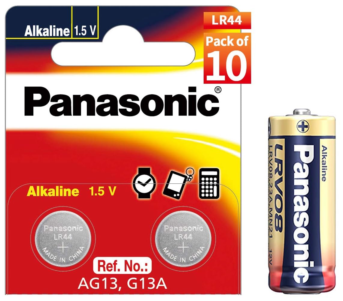 Panasonic Alkaline A23 12V Battery, Pack of 5 & LR44 Alkaline Coin Battery 1.5 v- Pack of 10 Provide Long Lasting Power in a Variety of Devices,from keyless-Entry fobs to Toys