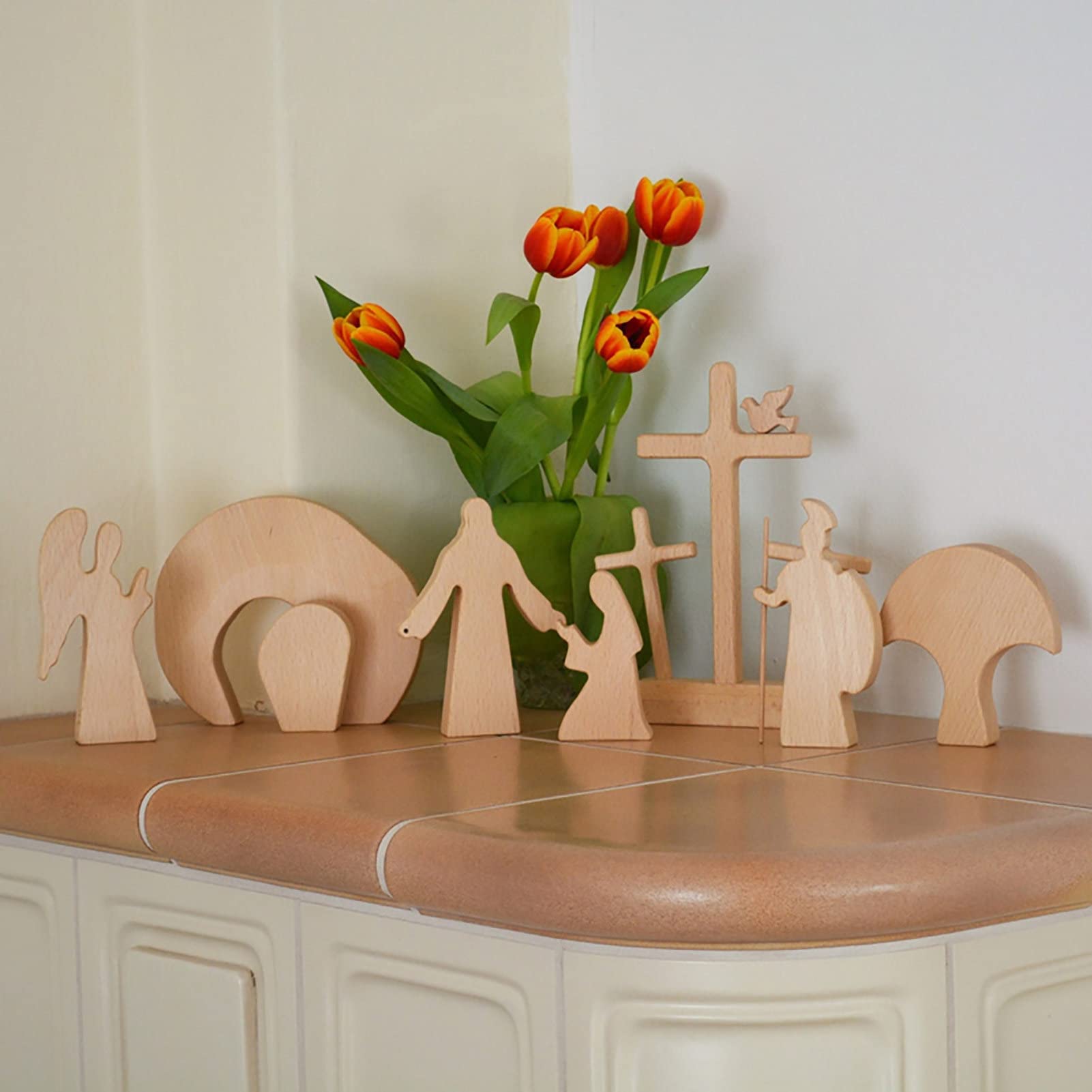 Osterkrippe Holz Osterszene Dekorations Set, Handgefertigte Jesus Krippe, Holzkreuz Osterfigur Osterdekoration Auferstehungs Szenen Set Krippenfiguren Aus Holz Für Zuhause, Tisch, Büro