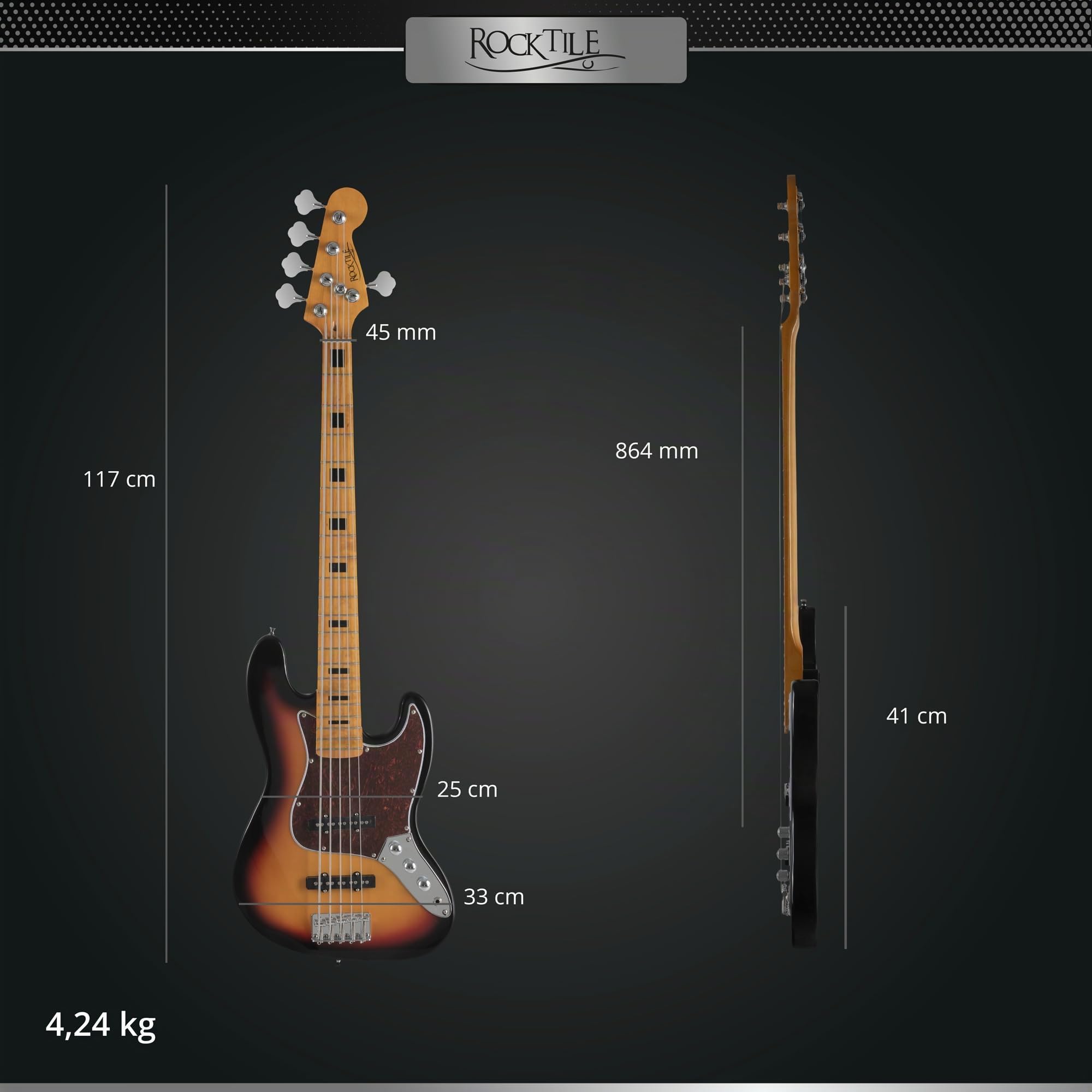Rocktile Pro JBS50-SB Bajo Eléctrico Sunburst, Allgemein, Modell: JBS50-SB | Serie: Rocktile Pro, Peso: 4, 24 kg, Número de cuerdas: 5, Orientación: Diestros, Korpus, Forma del cuerpo: JB-Style, Hals