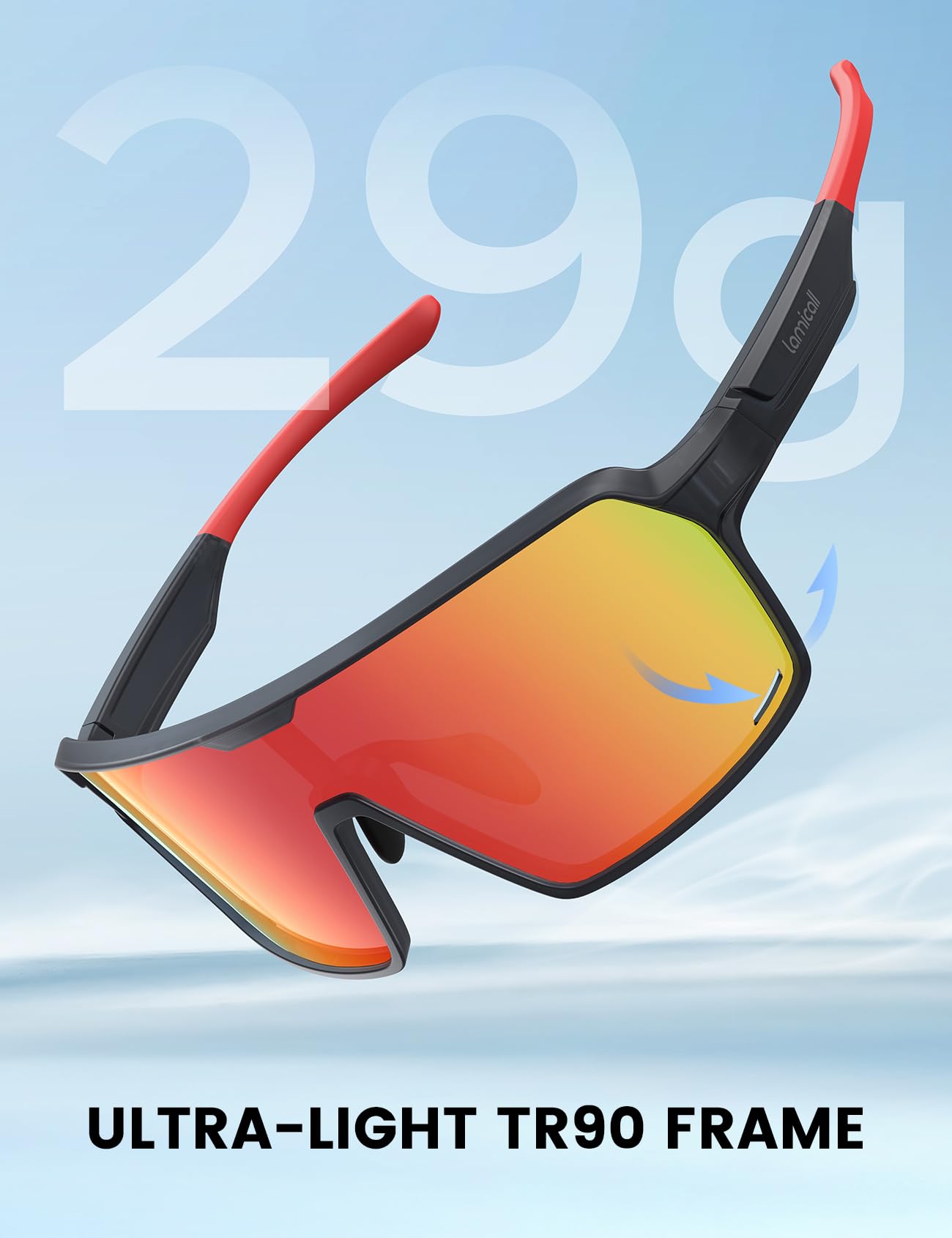 Lamicall Lunettes de Soleil Polarisées Cyclisme, [29g Ultra-Légère] Protection UV400, TR90-Monture, Lunettes de Soleil de Sport Réglables Homme pour Pêche/Course à pied/Randonnée