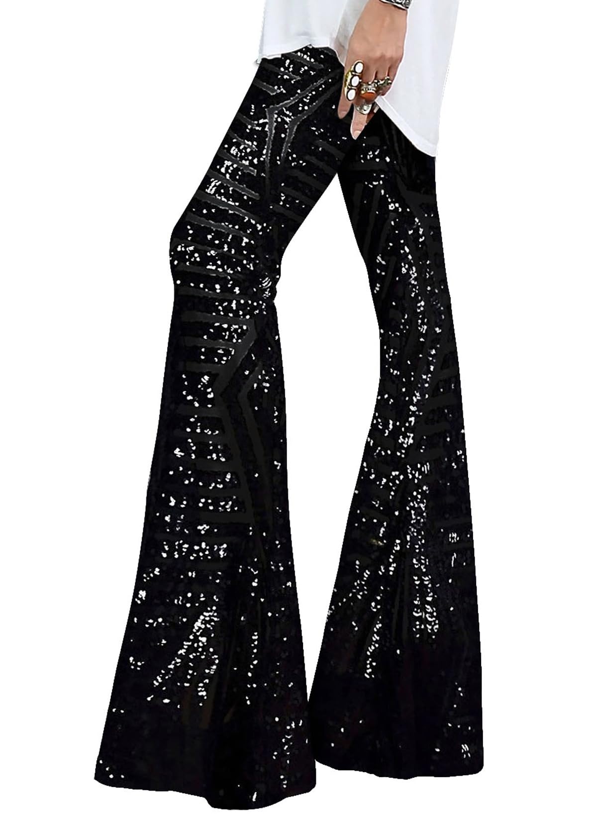 EVALESS Women Sequin Pants Sparkly Glitter High Waisted Wide Leg Flare Trousers Bell Bottom Night Out Clubwear