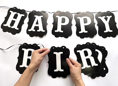 Miniatura 6 de Cartel grande negro de feliz cumpleaños, letrero de cumpleaños con letras blancas, decoraciones para niños, mujeres y hombres