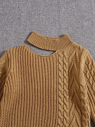 OYOANGLE Girl's Solid Color Cut Out Asymmetrical Mock Neck Long Sleeve V Neck Cable Knit Sweater Pullovers Top2