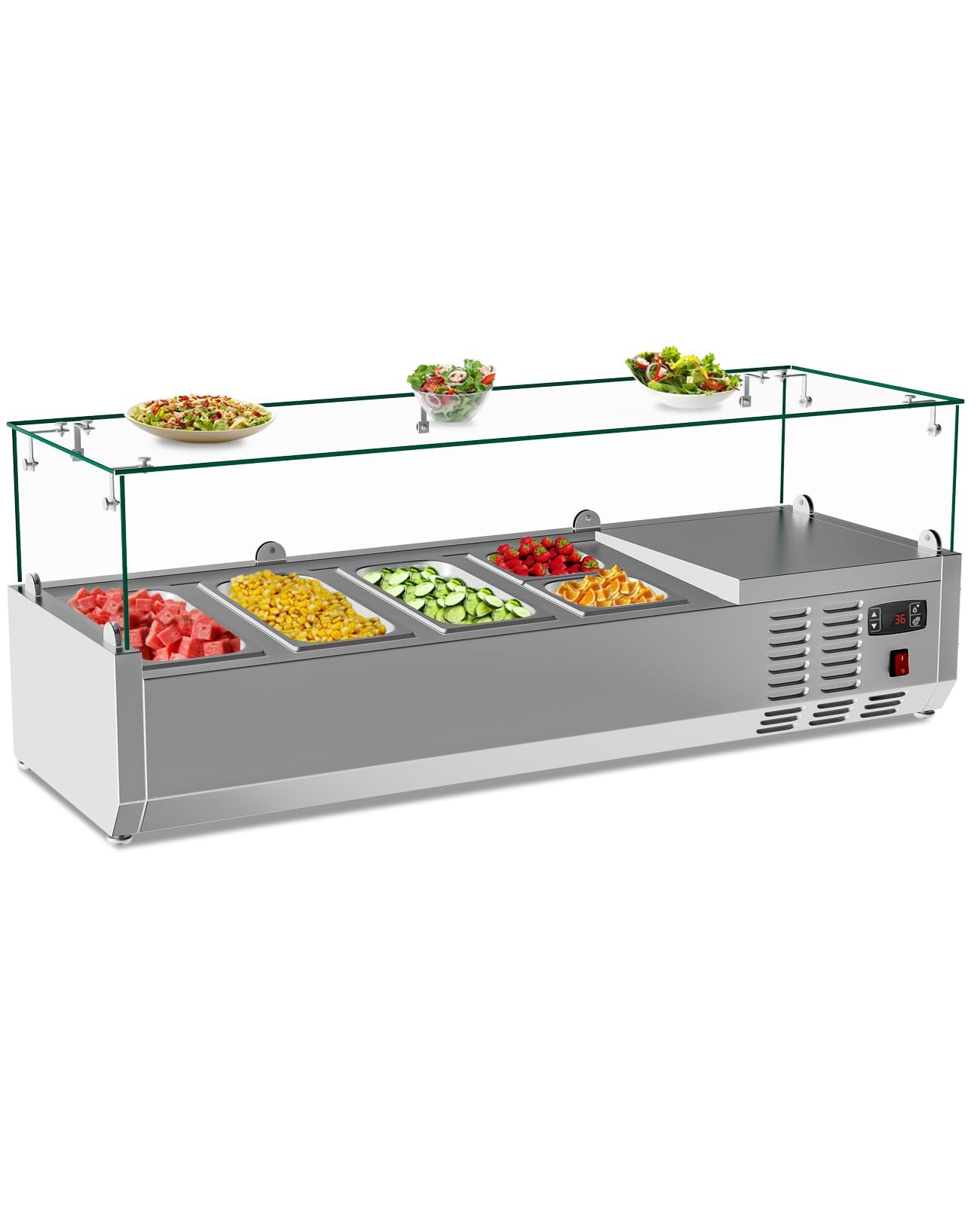 48" Countertop Refrigerated Condiment Station with Auto Defrost, Digital Controller, and LED Display – Sandwich Prep Table with 3 x 1/3 Pans and 2 x 1/6 Pans, Glass Lid for Restaurant and Food Truck