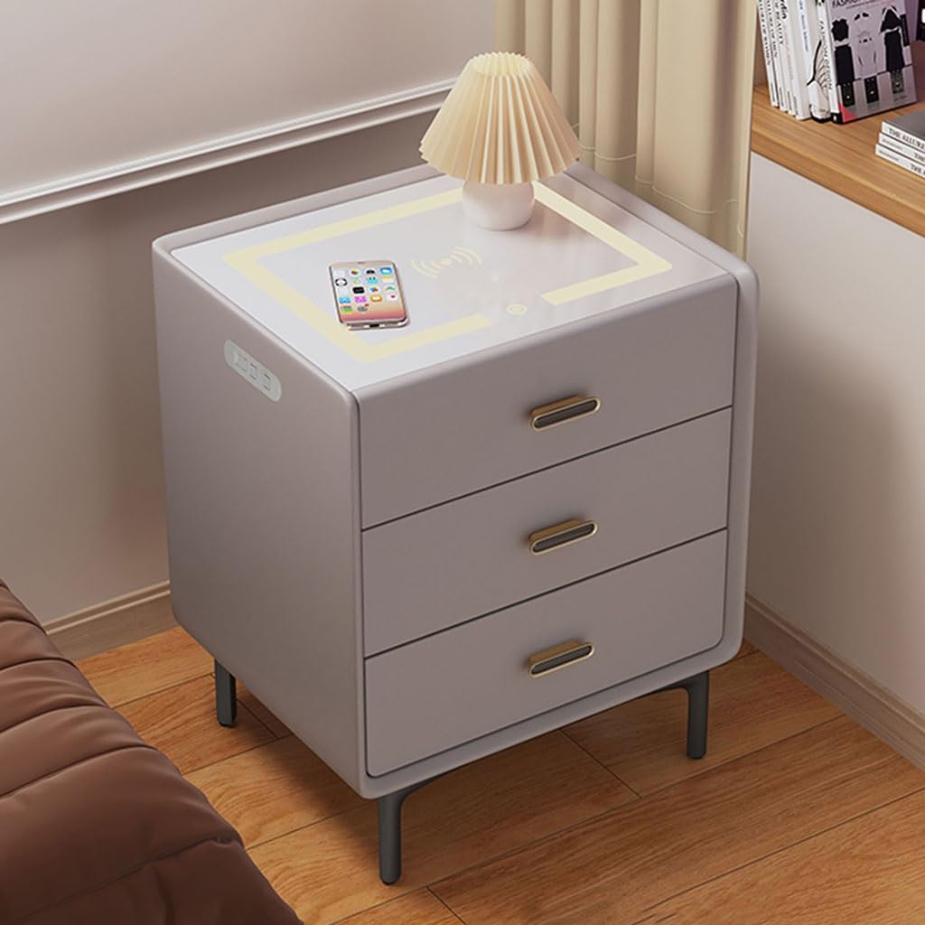 BHGFYXBS Nightstand With Charging Station,3-Tier Side Table With Drawer,Bedside Table End Table,For Bedroom,Home Office,Light Gray-48Cm/18.9In,Light Gray-38Cm/15In,Light Gray-38cm/15in