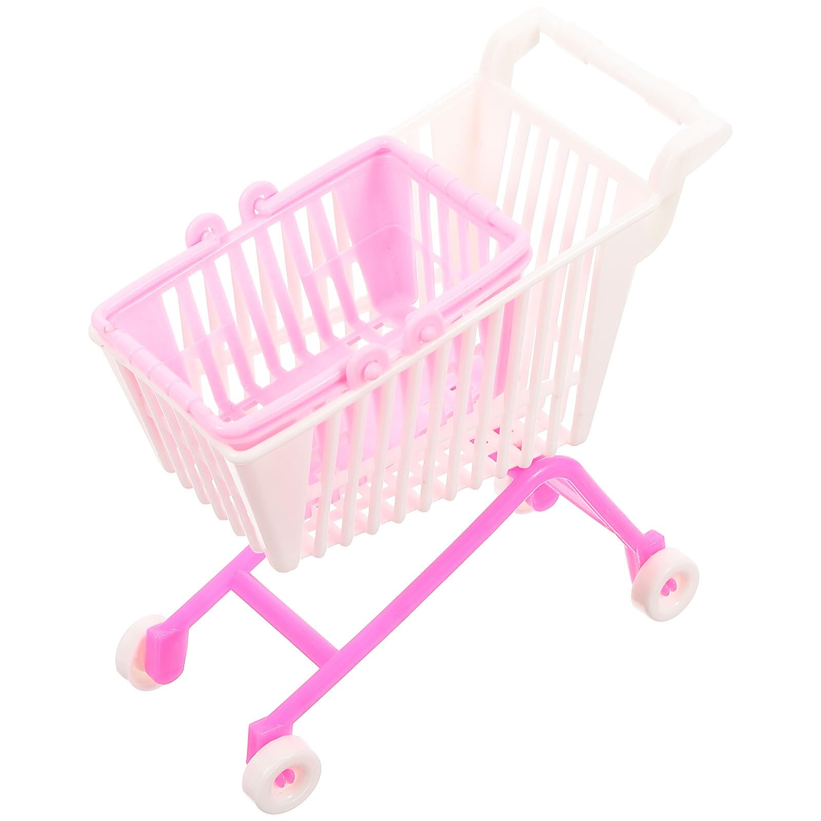 Abaodam Mini Shopping Cart with Handle and Rollers Supermarket Handcart Model Trolley for Kids Toy Storage Desktop Decoration Includes Mini Basket for Pens Cosmetics Small Items