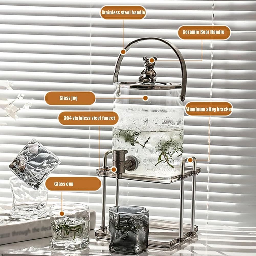 Dispensador de bebidas de vidrio con grifo y soporte, jarra de agua fría de 3,5 L para cóctel y ponche, dispensador de jugo resistente a altas temperaturas, incluye 4 vasos