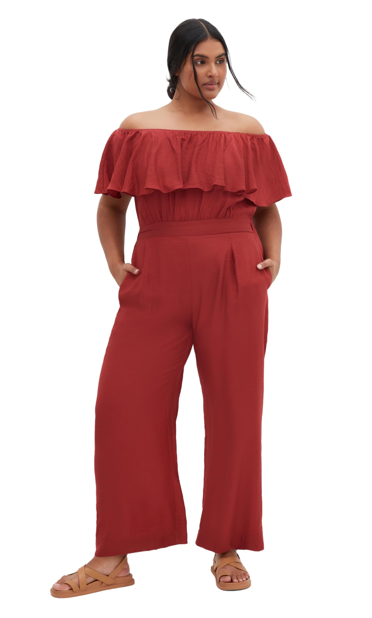 City Chic Women's Jumpsuit-Serene Off Shoulder Ruffle, Sienna, 20