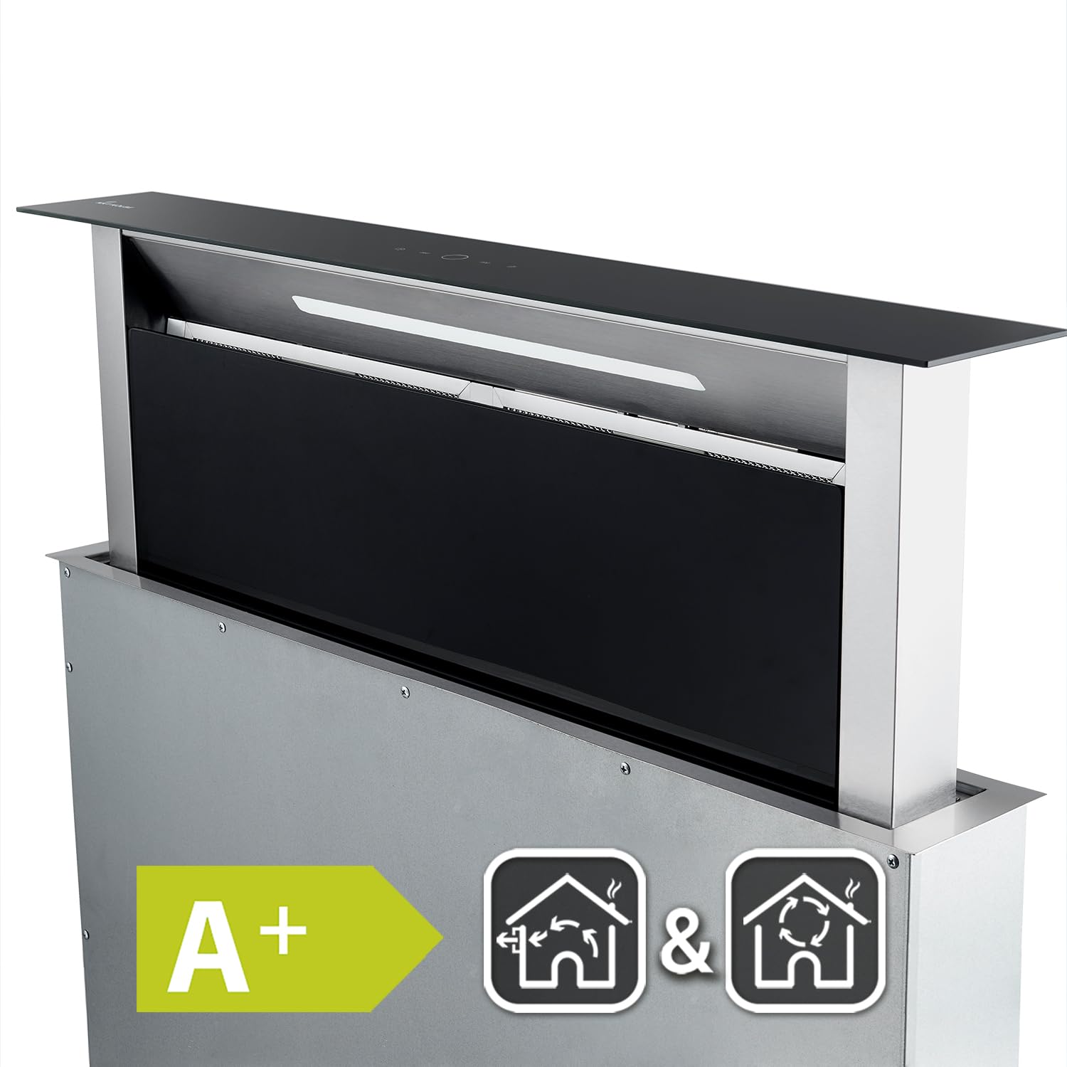 KKT KOLBE Downdraft Dunstabzug 87 cm | Tischabzug versenkbar | Dunstabzugshaube | Edelstahl | schwarzes Glas | Nachlaufautomatik | SensorTouch Bedienung | DRAFT870