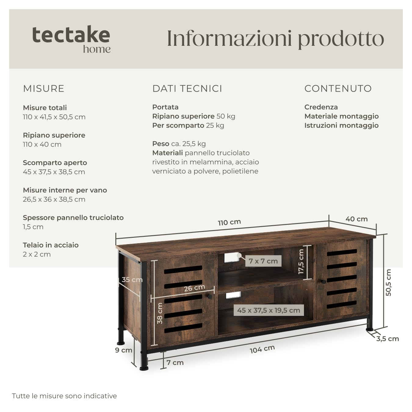 tectake 801106 Mobile da TV Carlow, 2 ripiani con porta, Piedi in plastica regolabili in altezza