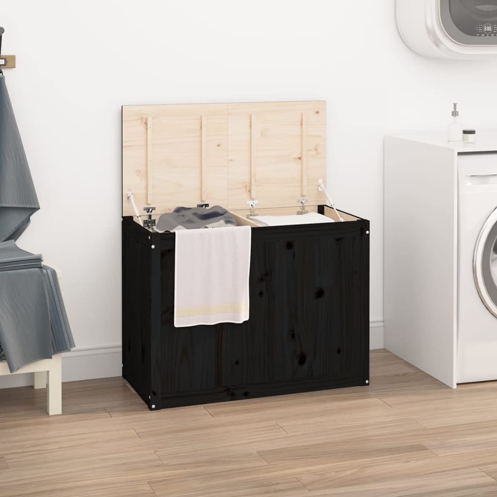 Homgoday Caja para la colada negra 88,5 x 44 x 66 cm madera maciza de pino, muebles, baúles y baúles, contenedor de jardín, porta herramientas de jardín, puf de exterior, baúl de exterior