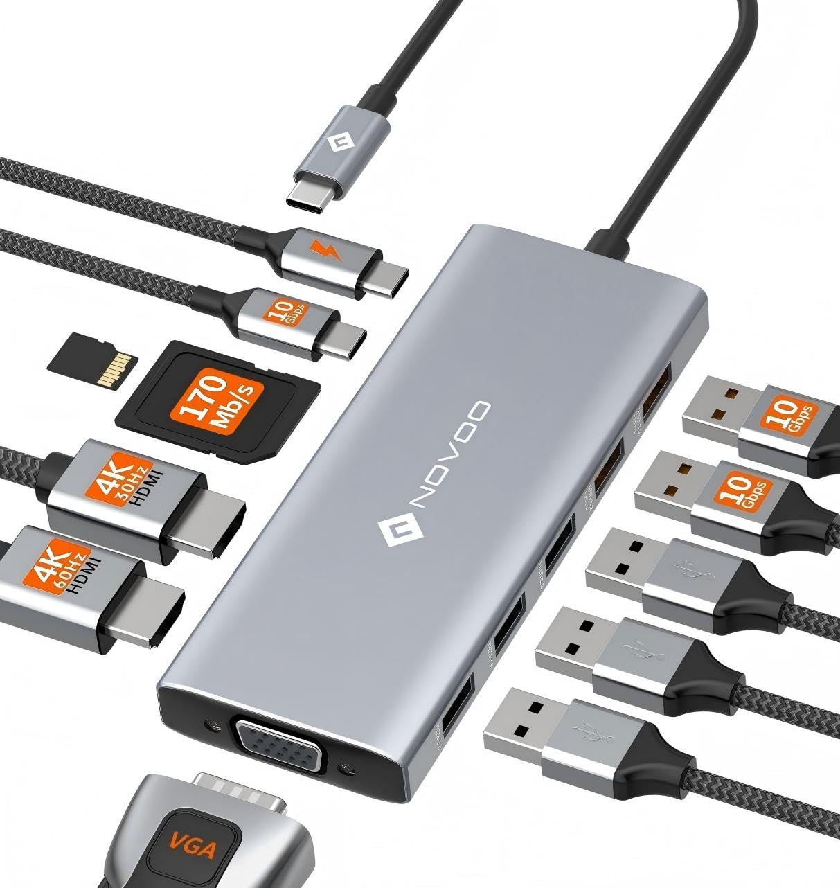 NOVOO 10Gbps USB C Hub Docking Station 2HDMI 4K@60Hz Triple Display Adapter mit VGA,USB A 3.2 & USB C 3.2 PD 100W SD TF Kompatibel mit MacBook,XPS 13/15, Chromebook, Lenovo, Dell,Surface Pro 9 usw.