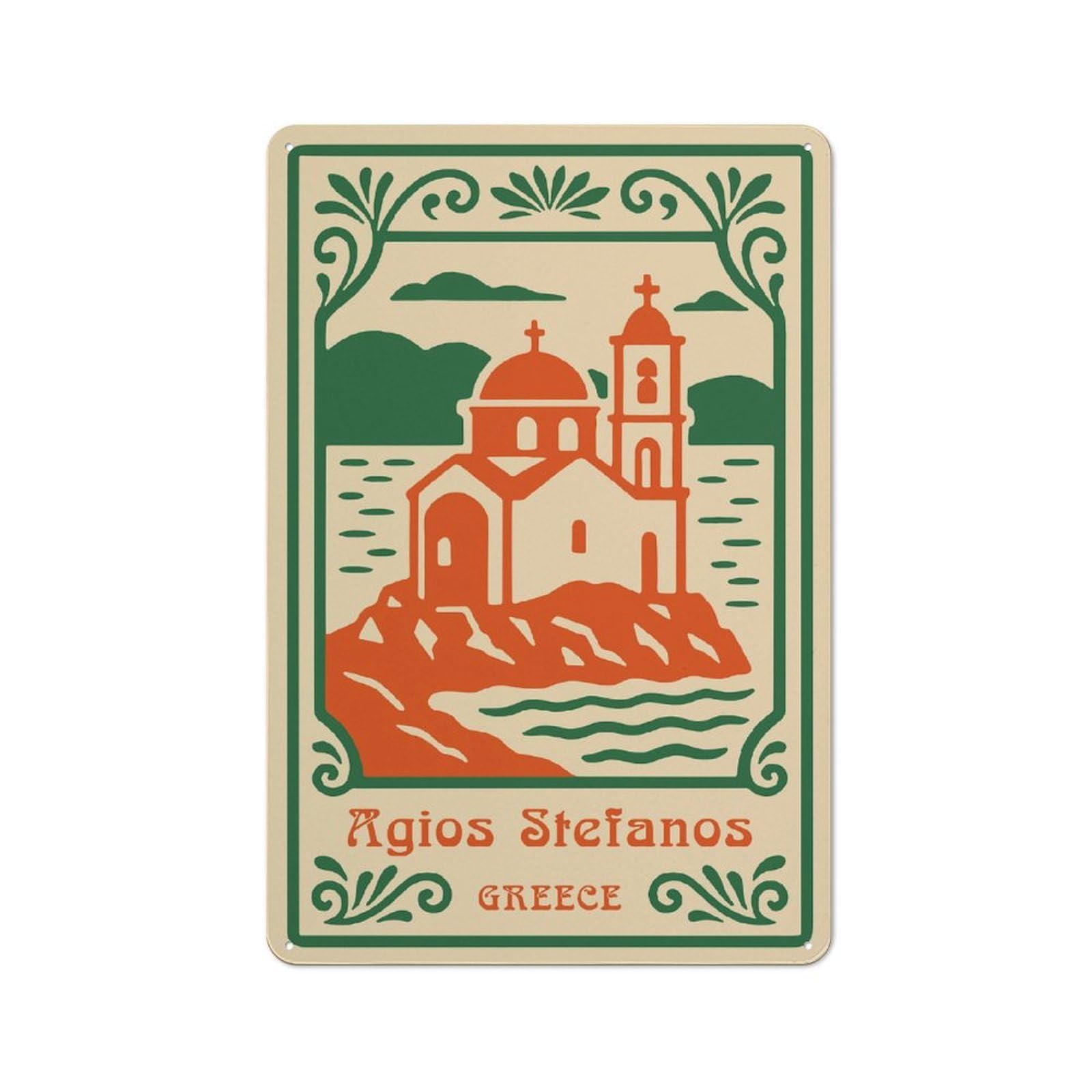 Junmoney Style-6 Shed Style Agios Stefanos Church In Greece Tin Sign 30X20cm, Utility Space Decor For Greenhouse, Garden Room, Cafe Or Entryway